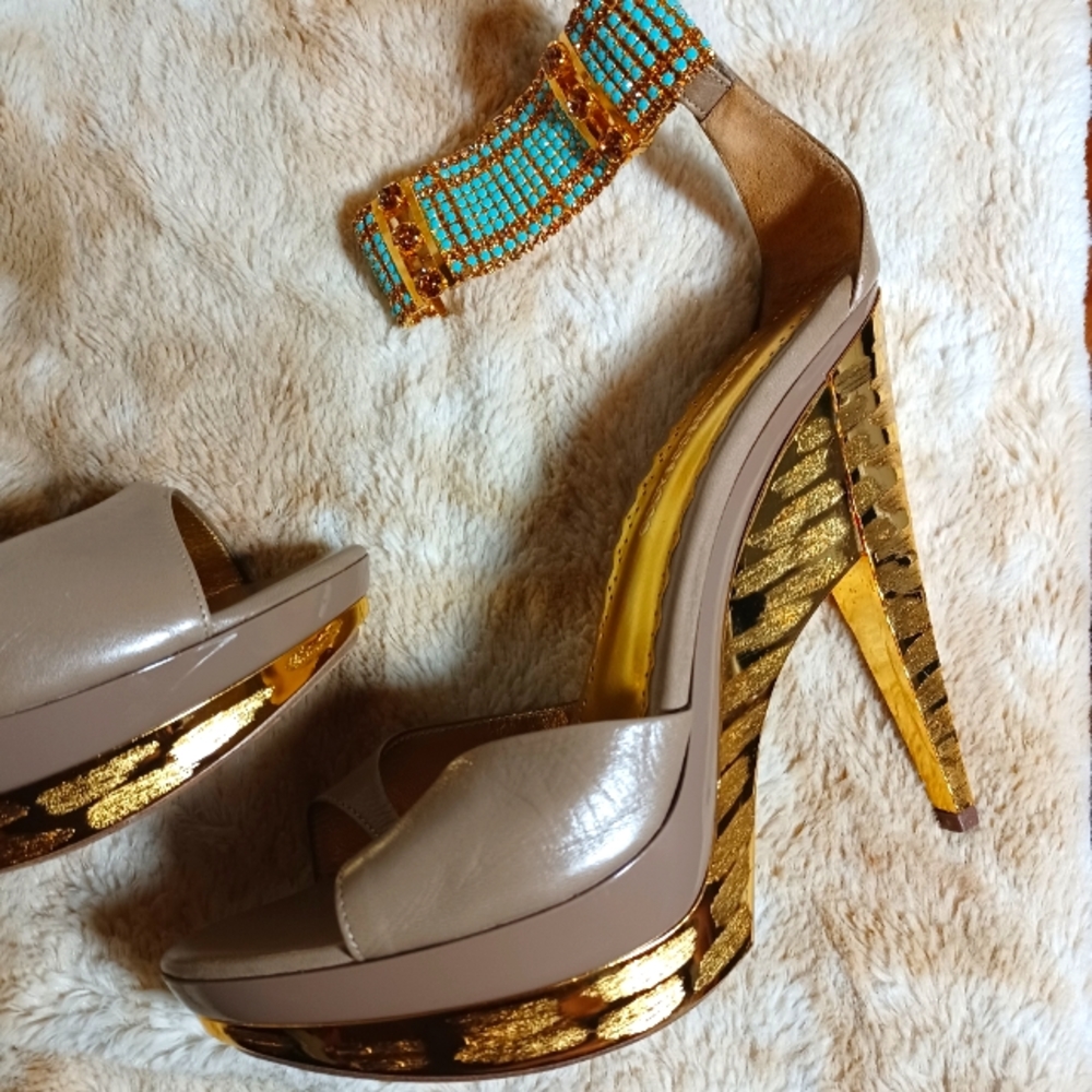 Francescosacco Taupe Platform Heels w/ Turquoise Jewel Strap , Size 40,